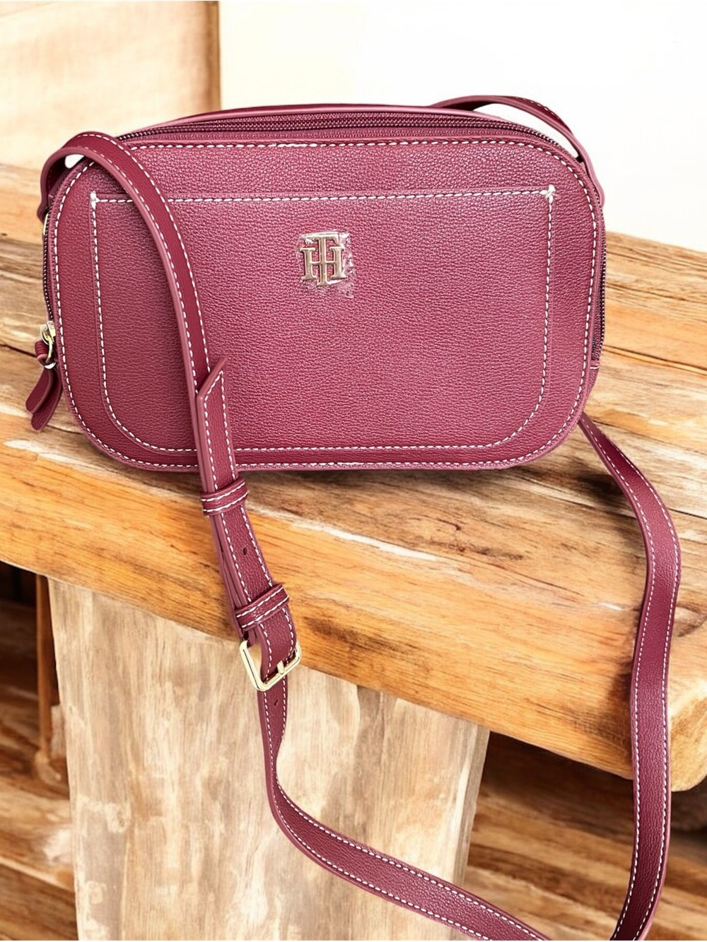 Tommy Hilfiger Plum Pebbled Leather Crossbody